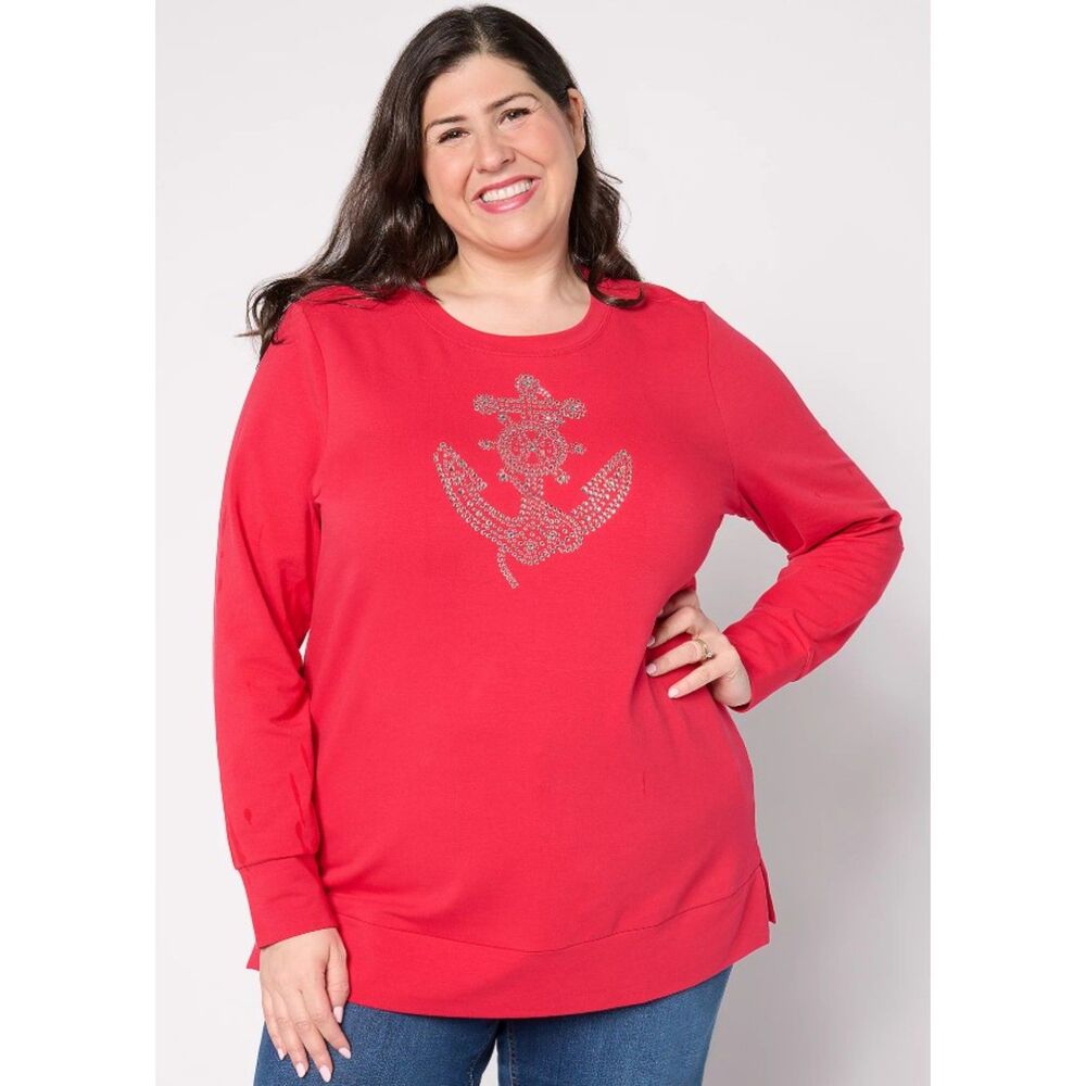 QUACKER FACTORY Plus Sz 2X Rhinestones Nautical ANCHORS AWAY Stretchy Shirt NEW
